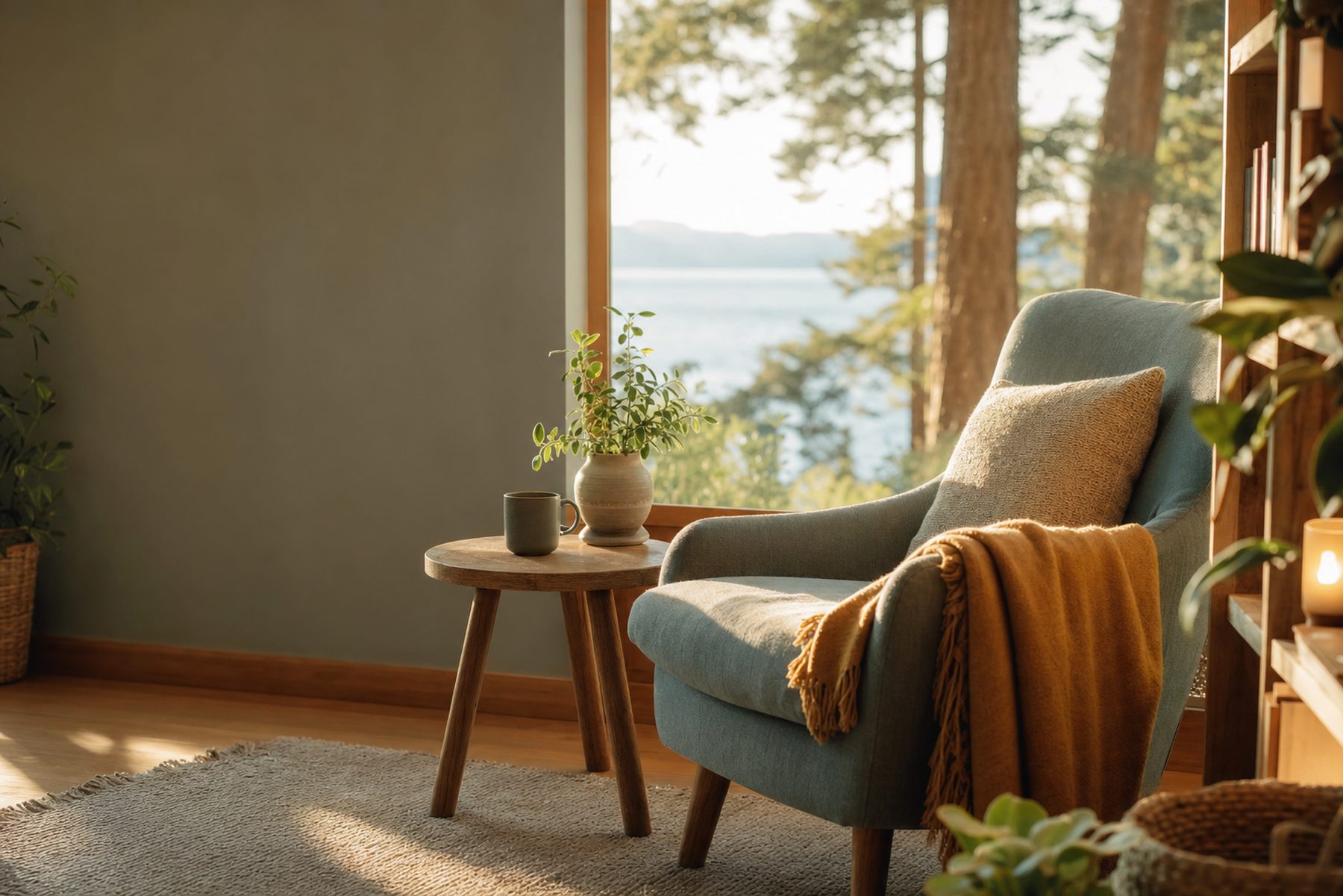 A cozy armchair beside a wide window looking out over a calm Pacific Northwest coastline at golden hour.