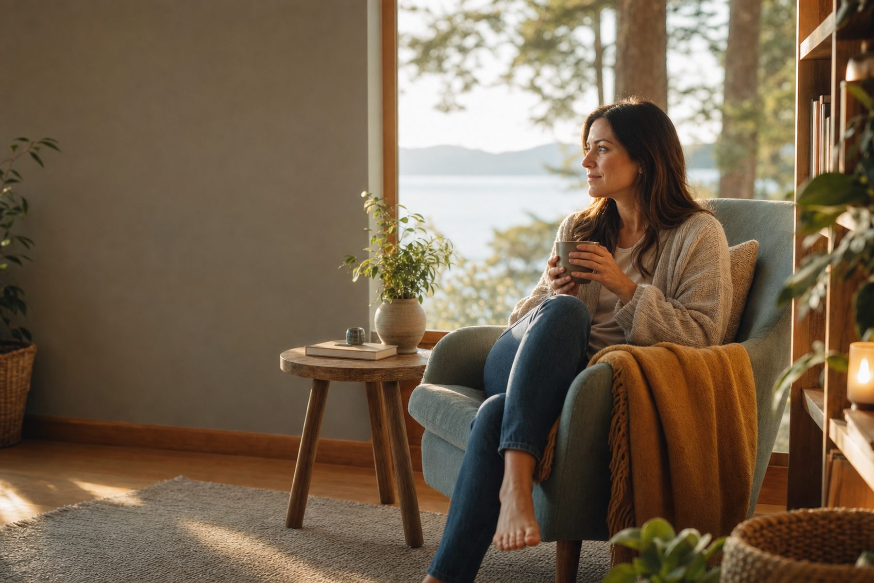 An adult sitting quietly with a warm mug by a window, taking a reflective moment.