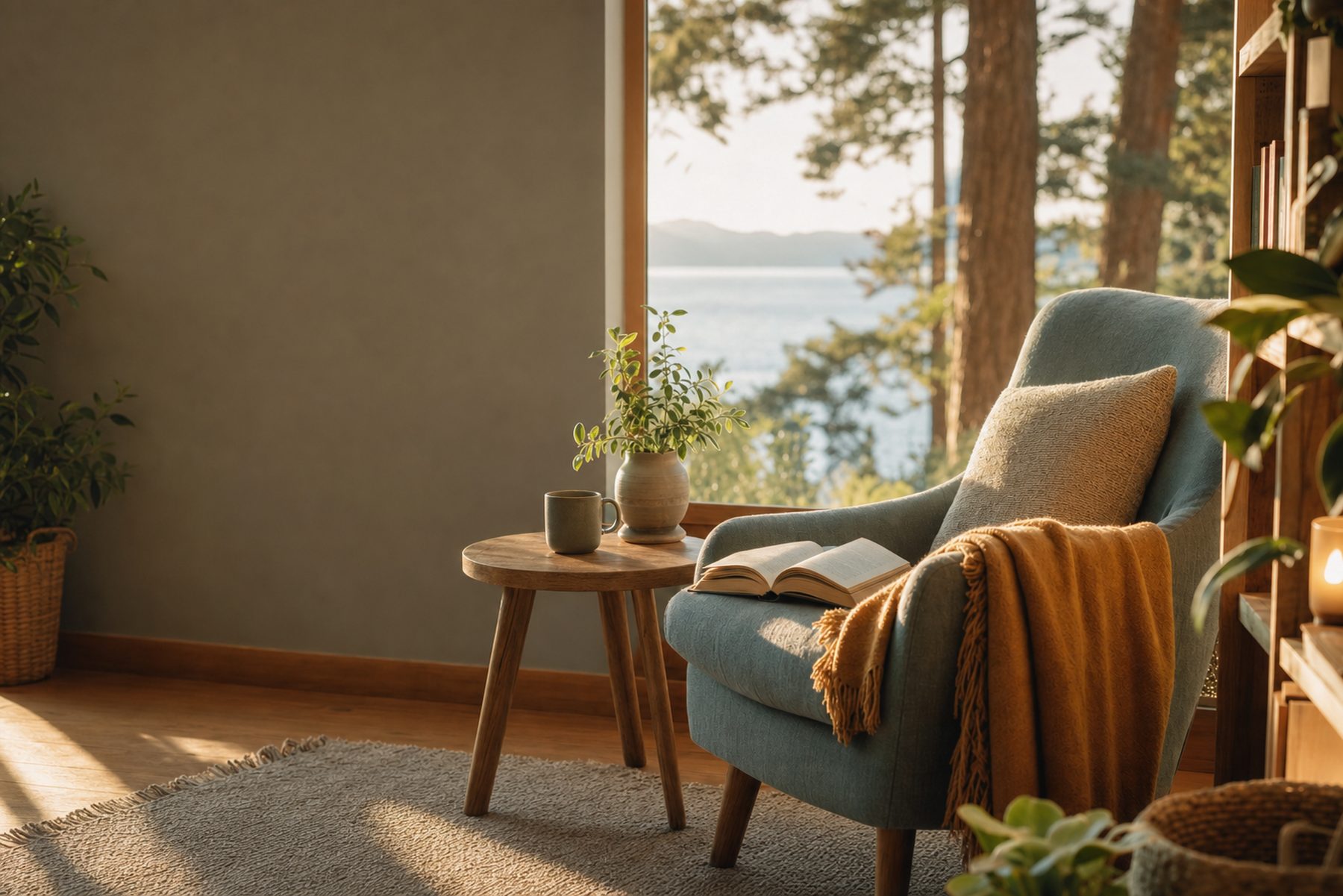 A quiet reading nook with a comfortable chair and warm afternoon light.