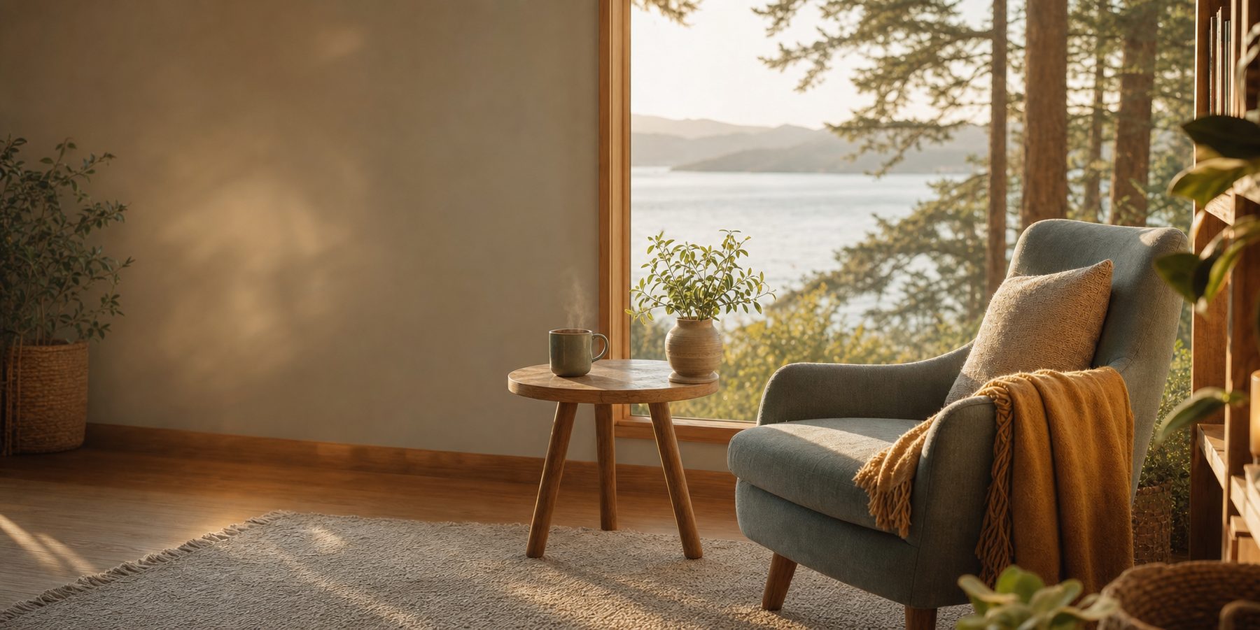 A warm, sunlit counselling room with two comfortable armchairs beside a large window looking out over a calm Pacific Northwest coastline at golden hour.