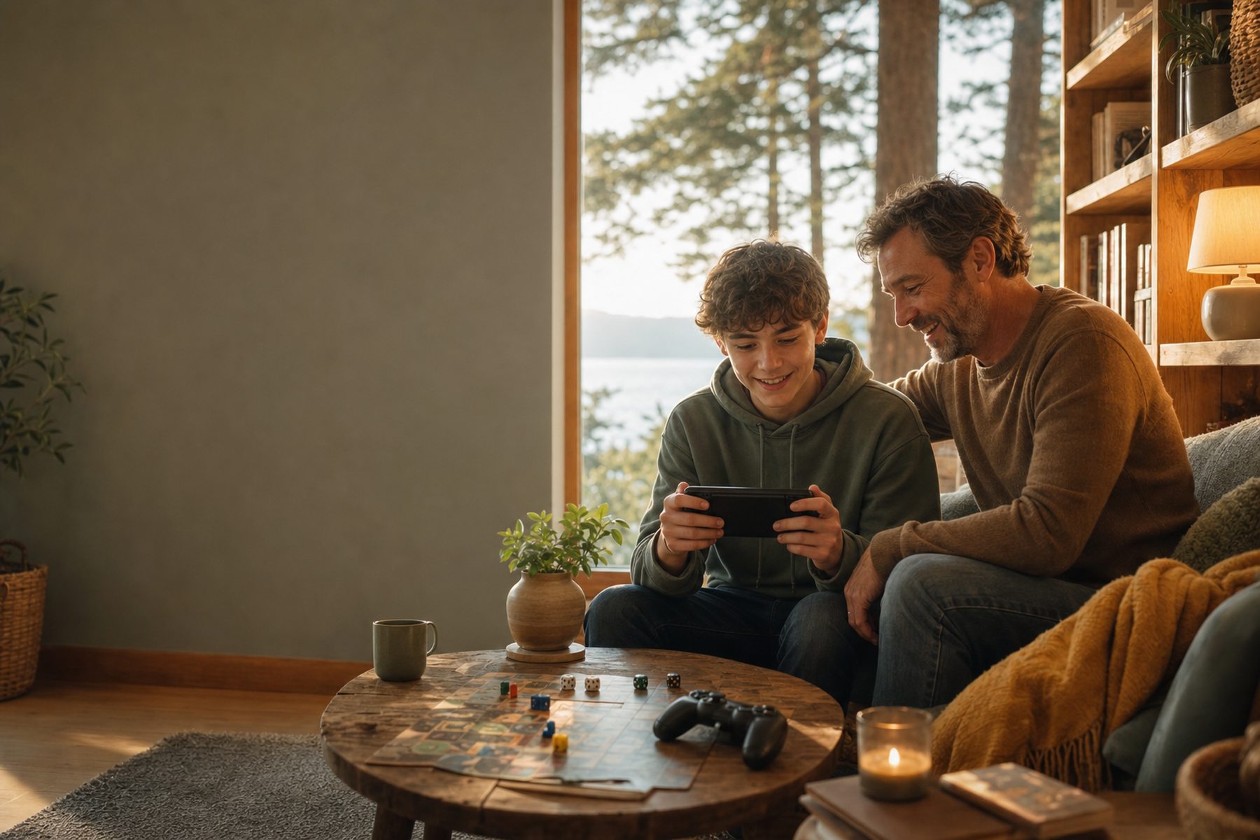A teen and an adult sitting together sharing a video game in a relaxed, sunlit living room.