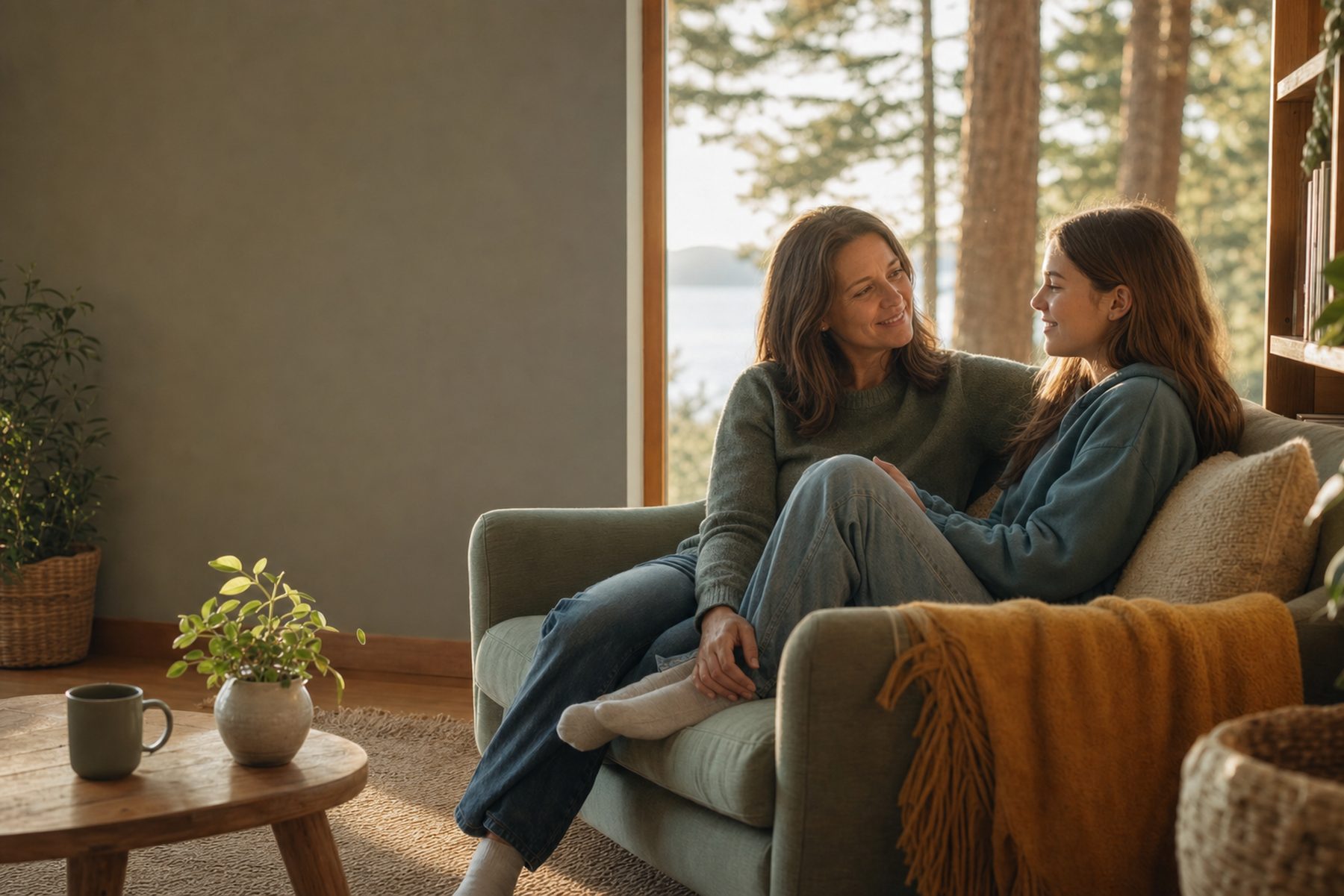 A parent and an adolescent sitting together on a sofa in a warm, comfortable home.